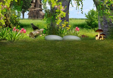 ✰Lovely Cottage✰ - pretty, bird, splendor, leaves, flowers, premade, grasses, crow, plants, hut, cottage, trees, beautiful, photoshop, backgrounds, colors, lovely, cool, love, exterior, colorful, ivy, resources, tulips, nature, stock images, bright, mushrooms, rocks, animals