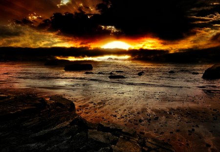 dark sunset - rocks, clouds, beach, dark, sunset, sea