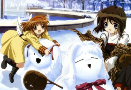 Winter Fun - snowman, shiori, ayu, winter, anime, kanon