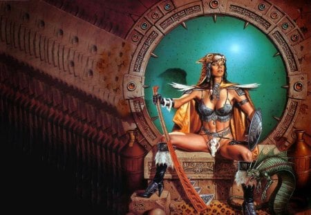 Clyde Caldwell (Leopard and Serpent) - woman, leopard, lady, girl, female, serpent, clyde caldwell, fantasy