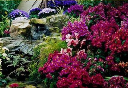 Flower Garden - flowers, colorful, fountain, garden, landscape, floral, scenic