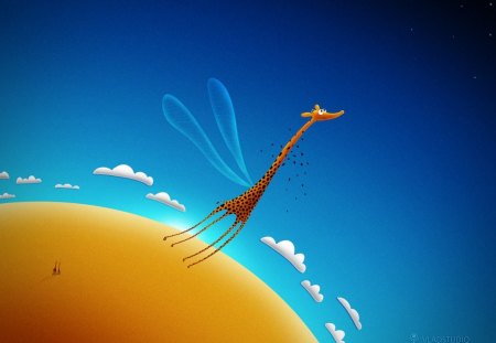 Learning to Fly - winged, sky, clouds, wings, spots, giraffe