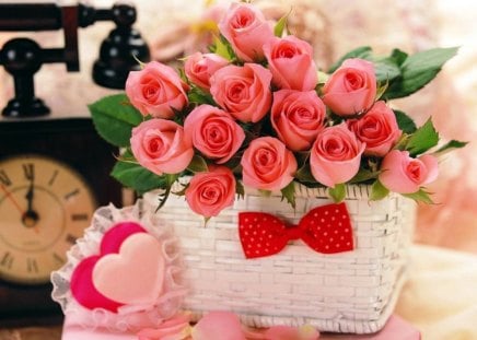 Rose Basket - pink roses, heart pillows, white cane basket, phone, bow