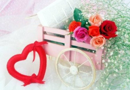 Rose Cart - wooden cart, roses, flowers, red heart, love, babys breath