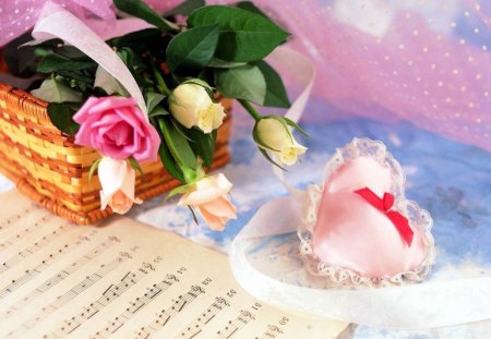 Roses and Heart Pillow - roses, cane basket, music sheet, heart pillow