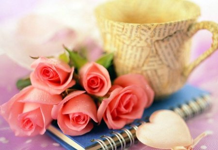 Tea and Roses - tea cup, pink roses, heart, notebook