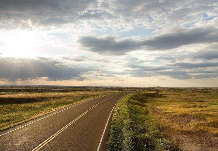 sunshine on highway in the plains - plains, sunshine, clouds, highway