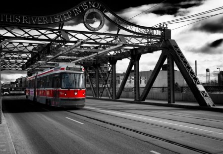 tram over the queen street bridge in toranto - sign, tracks, tram, bridge