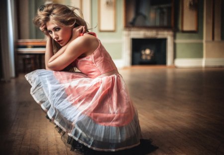 blonde girl pose - sit, room, light, pink dress