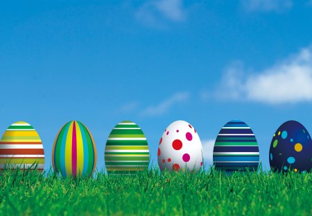 Colorful Eggs - sky, easter eggs, clouds, holiday, easter, colorful, grass, spring