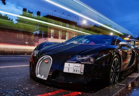 fantastic bugatti veyron in the rain - long exposure, street, car, lights, rain