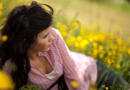 cute secene - flowers, field, yellow, lying, girl, grass