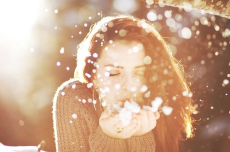 winter girl - wind, sunlight, trees, lying, girl, snow