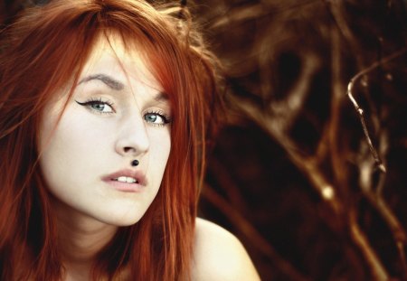 redhead girl - style, red hair, black, model, dark