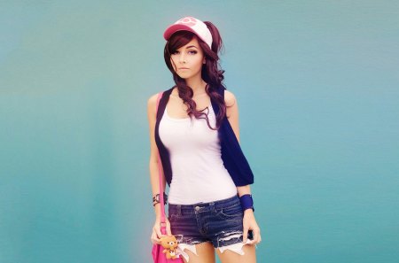 pokemon - tedy bear, cosplay, asian girl, cap, bag