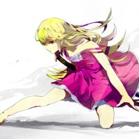 Konachan.com - 152939 barefoot blonde_hair itou long_hair monogatari_(series) oshino_shinobu red_eyes sword weapon white