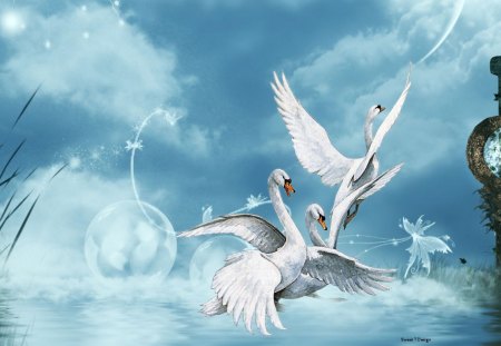 Fantasy Flight - geese, clouds, pretty, fantasy, white, blue, wings