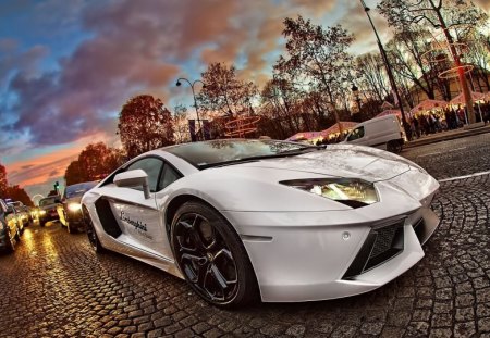 lamborghini advenrador hdr - street, car, lights, hdr, dusk, cobblestone, market