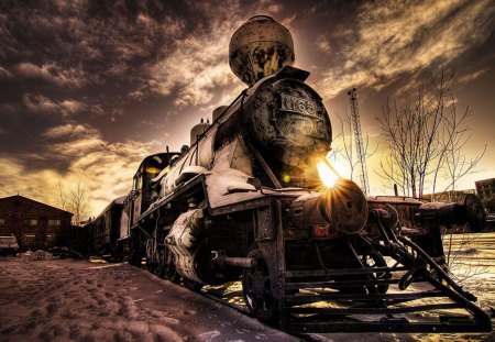 fantastic steam train in winter's sunset hdr - steam, train, tracks, winter, sunset, hdr, city, station