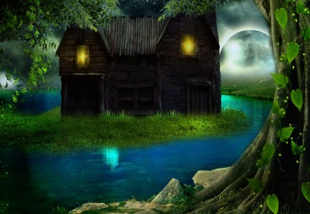 âœ°Cottage under the Moonlightâœ° - cottage, trees, stock images, water, colorful, fantasy, lakes, view, pretty, cool, moonlight, grasses, exterior, cute, moon, love, scenic, cabins, lovely, plants, resources, nature, bright, premade, photoshop, backgrounds, beautiful, leaves, scenery, splendor, colors, flowers