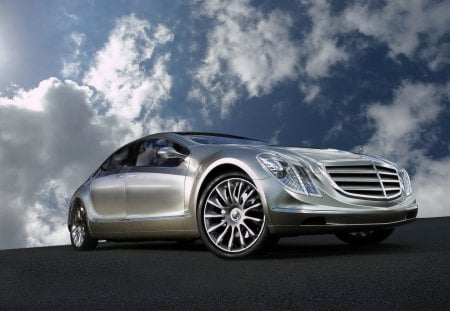 mercedes benz f-800 - clouds, blacktop, car, silver