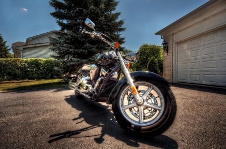 beautiful motorcycle in the driveway hdr - garage, driveway, hdr, house, motorcycle