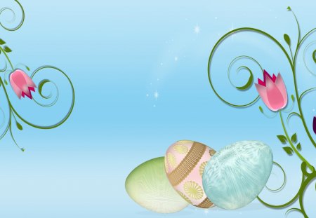 Easter - eggs, easter eggs, easter, tulips, leaves, holiday, vines