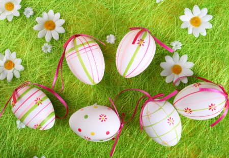 Easter Eggs - eggs, bows, spring, grass, easter, flowers, daisies, easter eggs, holiday, ribbons