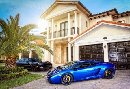 lucky guy has a lamborghini and a porsche - driveway, cars, sunny, house