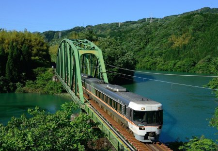 train crossing a bridge over a beautiful river - river, train, forests, tracks, bridge