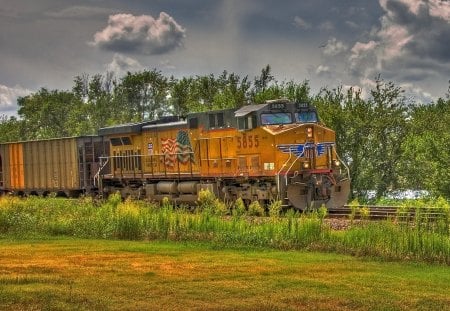 powerful commercial diesel train hdr - clouds, countryside, train, tracks, hdr, flag