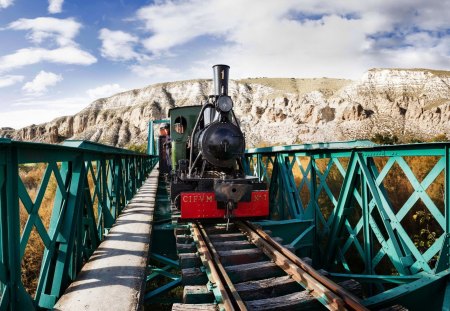 smaller scale train over steel bridge - train, tracks, hills, smaller, bridge