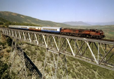 workhorse train on a tall bridge over a gorge - train, gorge, bridge, dirty