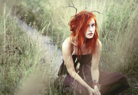 redhead - field, red hair, model, grass