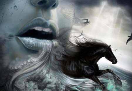 Whisper Your Name - woman, ocean, abstract, horse, animal, fantasy, birds