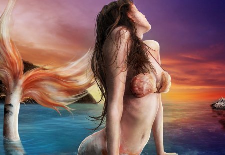 Mermaid - woman, water, sunset, fantasy, purple, orange, shell, tail, ocean, girl, summer, mermaid, pink, blue, fish, the woman, sea