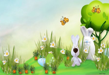 Joyful Easter - flowers, easter, carrots, holiday, butterflies, spring, bunny