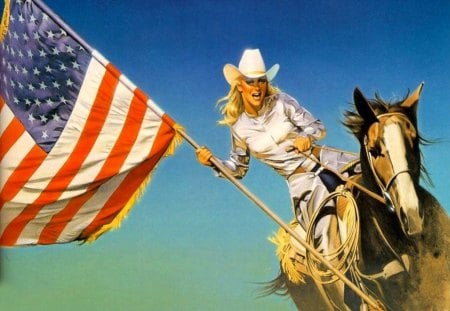 Cowgirl in parade - beauty, stars, girl, animals, cowgirl, colorful, lovely, rodeo, flag, pretty, horse, stripes, beautiful, usa