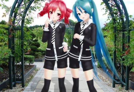 Botanical Garden - anime, vocaloid, kawaii, female, hatsune miku, plant, kasane teto, long hair, red hair, teto, blue hair, garden, anime girl, realistic, twintails, hot, girl, cg, redhead, miku, cute, hatsune, 3d, sexy, vocaloids, park