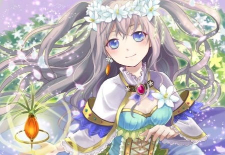 Gardenia Seed - seed, gown, anime, anime girl, female, blossom, hot, dress, girl, flower, petals, long hair, seeds, cute, floral, sexy