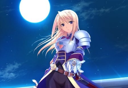 Silvia Van Hossen - nice, beauty, sky, female, hot, knight, blond, animee girl, blade, armor, blond hair, pretty, cloud, blonde hair, anime, sword, cute, moon, sexy, girl, warrior, blue eyes, light, long hair, night, lovely, glow, star, beautiful, weapon, sweet, blonde