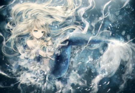 Mermaid - female, hot, ribbons, water, anime girl, fantasy, bubbles, underwater, anime, fantasy girl, cute, tail, sexy, girl, magical, long hair, doll, mermaid, flowers, sea