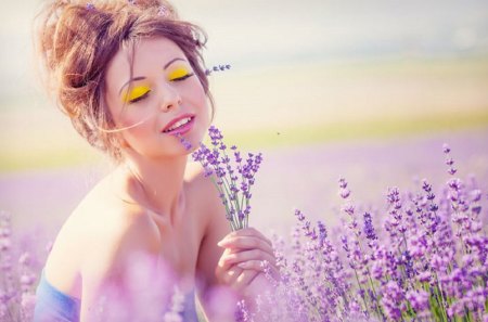 Lavender Girl - beauty, woman, girl, field, spring, makeup, softness, purple, beautiful, pastel, scent, lavender