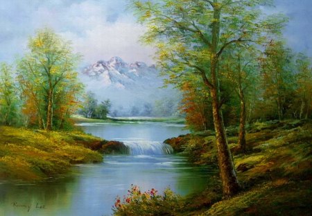 Calm mountain river - pretty, quiet, creek, stream, reflection, oil, mountain, calmness, shore, nice, sky, trees, flow, beautiful, snowy, lovely, peaks, river, nature, painting, serenity