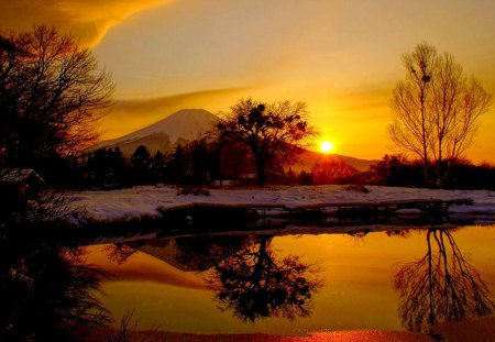 WINTER SUNSET - river, winter, sunset, snow, mountains