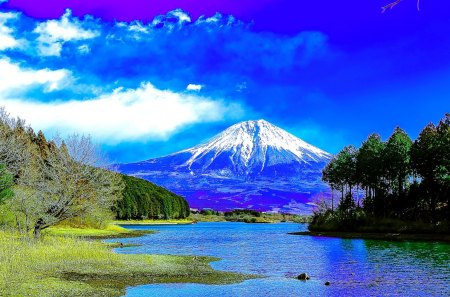 MOUNTAIN RIVER - trees, mountain, river, fuji, river bank, grass