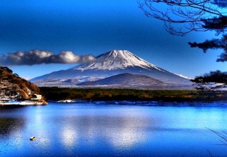 CALM LAKE - calm, fuji, blue, boat, lake, mountain