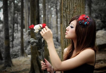 Forest Girl - woman, flowers, girl, forest