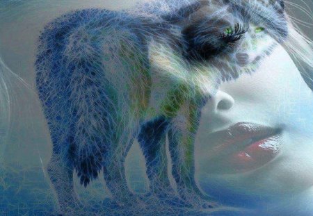 2 Spirits In One - abstract, fantasy, animal, dogs, woman, wolf