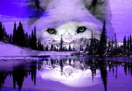 Watching Over DN - abstract, trees, fantasy, animal, wolf, lake